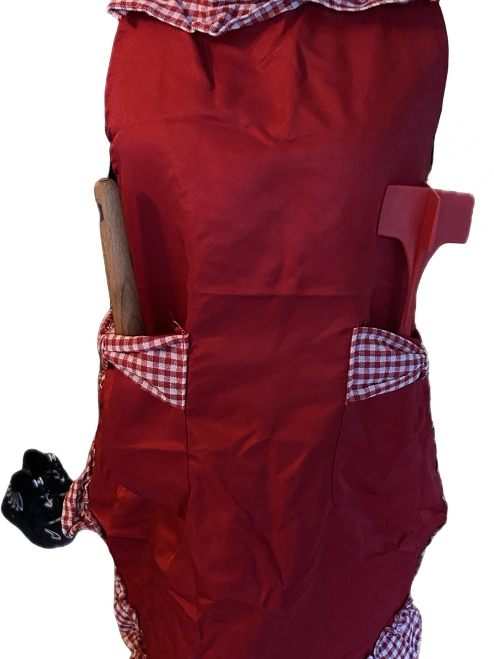 Rust Red Check Ruffle Kitchen Apron with Pockets - Picture 5 of 5